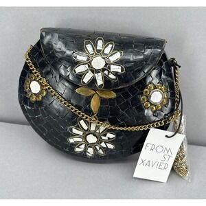 From St Xavier Clutch Purse Shoulder Bag Boho Floral Black Gold Art Mosaic NWT